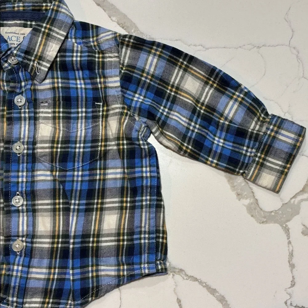 The Children’s Place Boys Blue Flannel Plaid Button Down Dress Shirt 6-9 Months